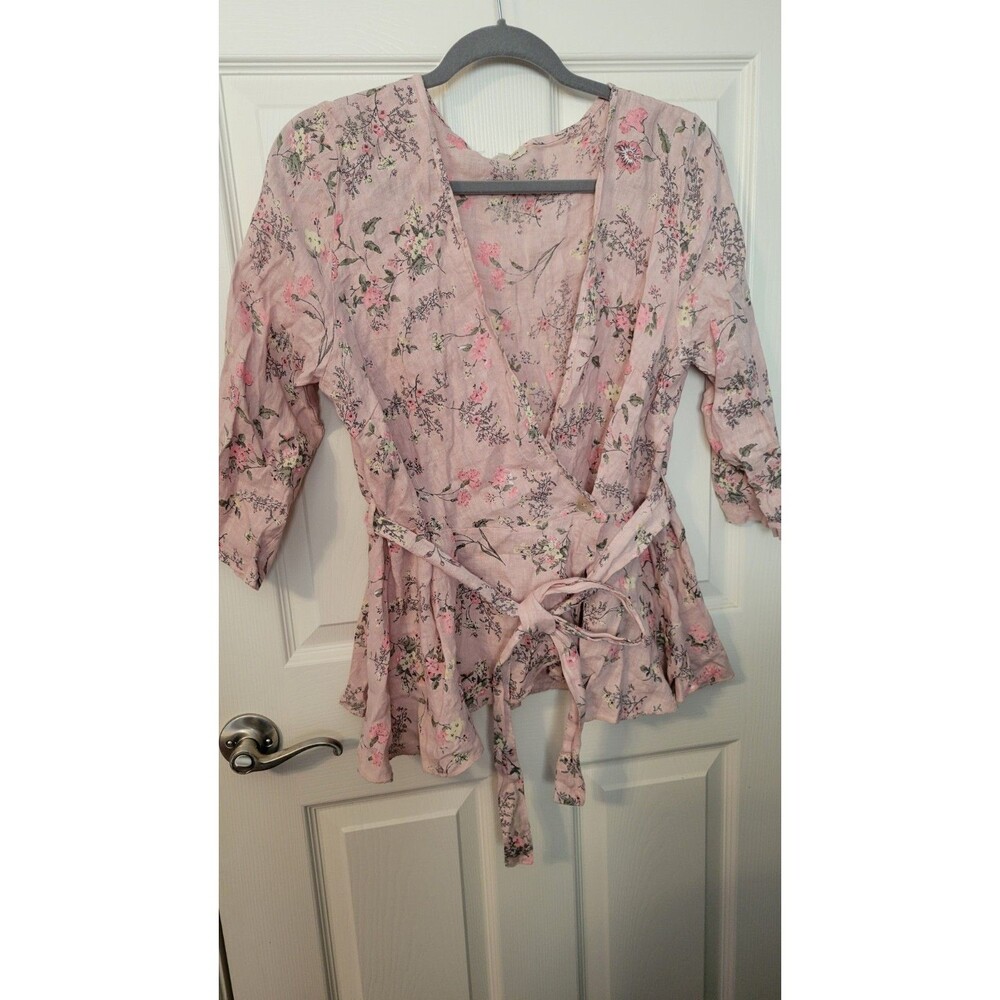 Francesca Bettini Made in Italy 100% Linen Floral Wrap Top Blouse Pink L